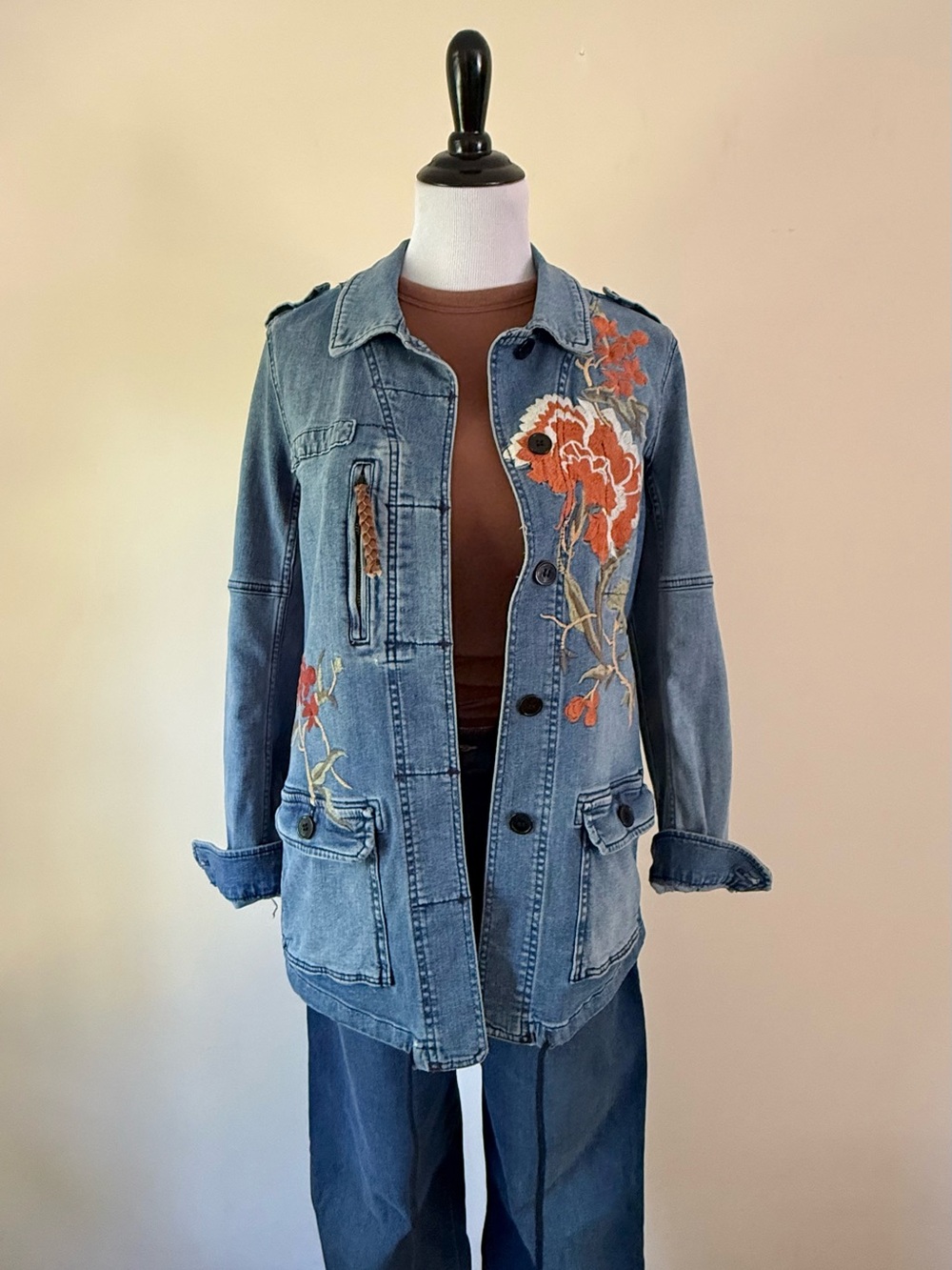 Pilcro and the Letterpress Blue Denim Jacket with Orange Floral Embroidery